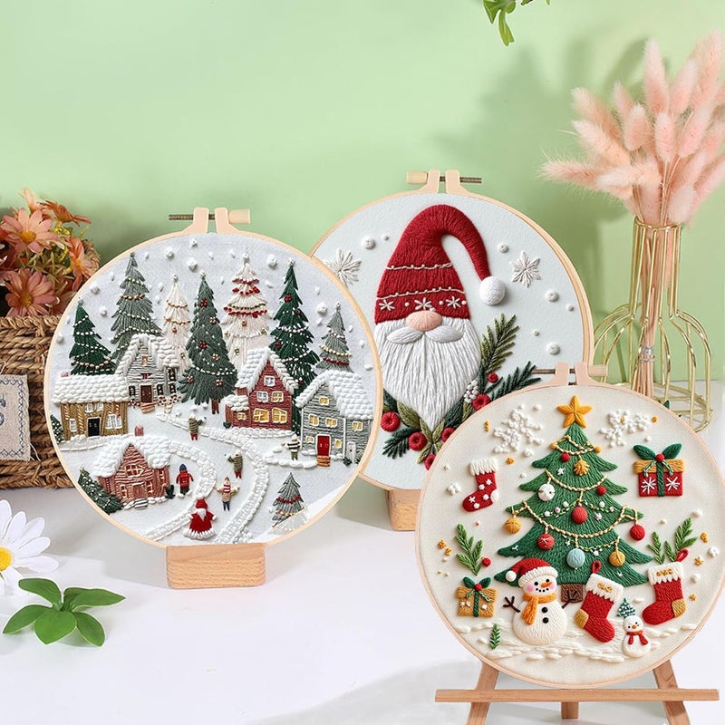 Ohcol 3 Sets Christmas Embroidery Kit,Cross Stitch Kits for Beginners,Needlepoint Kits for Adults with Easy Floral Pattern Hand Crafts,Hoop,Needle - Image 3